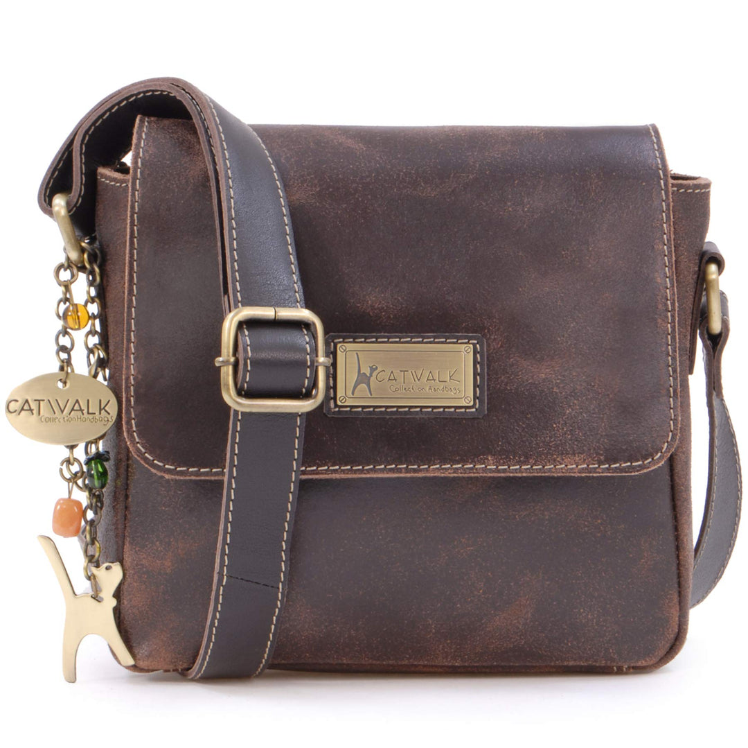 Catwalk Collection Handbags - Vintage Grobem Leder - Klien Umhängetasche Messenger/Schultertasche -