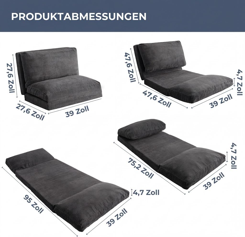MAXYOYO Sitzsack-Bett, faltbar, Cordsamt, Schlafsofa, Bodenmatratze für Erwachsene, extra dick, 4-Fa