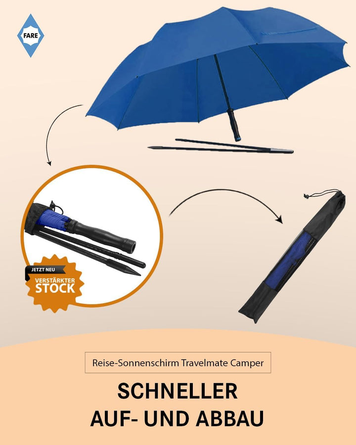 FARE Reise-Sonnenschirm Travelmate Camper UV Schutz 50+ für Koffer Flugzeug Camping Balkon Strand Ga