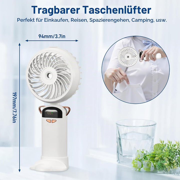 Kssvzz Handventilator Akku Aufladbar mit Wasserkühlung USB 5 Stufen Weiss | Tragbarer Mini-Ventilato