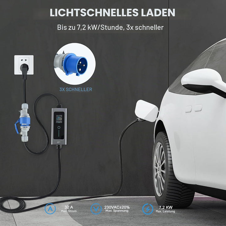 EVIEUN EV Ladekabel Typ 2 7,2 kW 1-Phasen 6-32 A 5M, EV-Ladegerät Ladekabel CEE auf Typ 2 mit Allen