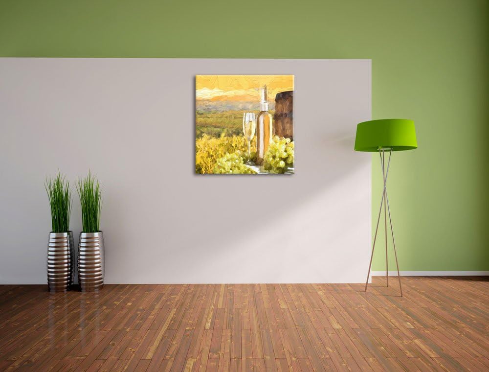 Pixxprint Weinreben mit Weinflasche und Fass Pinsel Effekt, Format: 70x70 auf Leinwand, 70x70