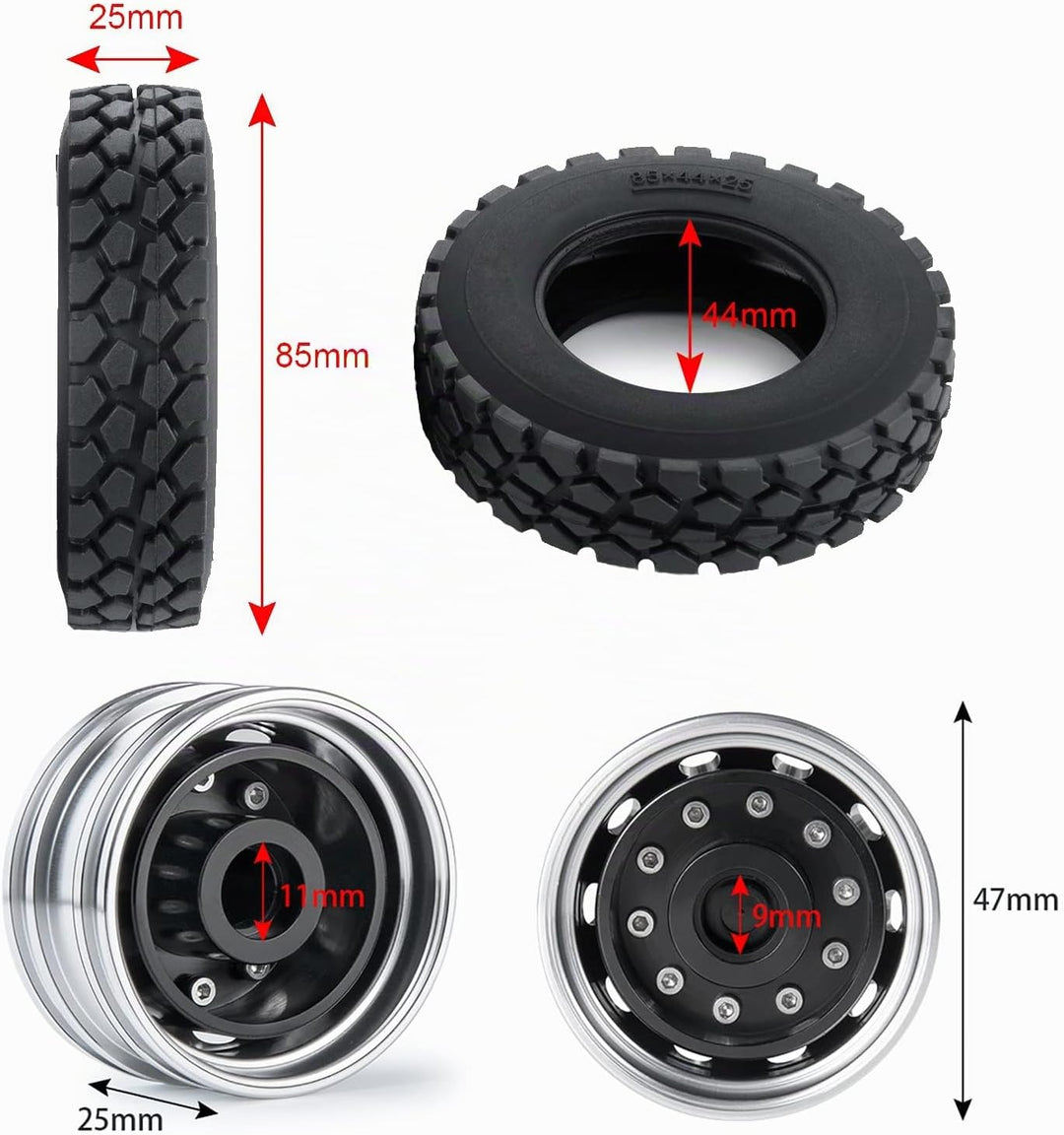 AXspeed 1/14 Rad Reifen Felgen Set 2 Stück Vorderfelgen mit Gummireifen für Tamiya Traktor Truck Cli