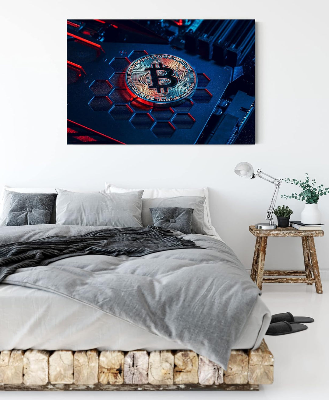 Pixxprint Bitcoin BTC auf Computerchip als Leinwandbild | Grösse: 120x80 cm | Wandbild | Kunstdruck