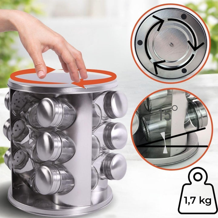 Gewürzregal Set- 12 Gewürzgläser Edelstahl - 360° drehbarer Gewürzständer für Küche -Gewürzkarussell