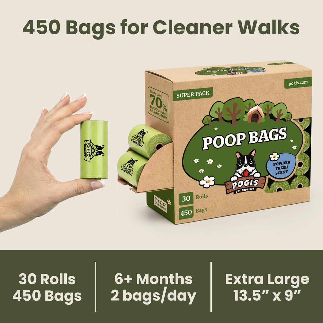 Pogi's Hundekotbeutel - 30 Rollen (450 Tüten) - grosse, biologisch abbaubare, parfümierte, tropfsich