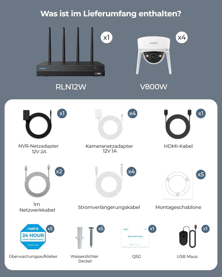 Reolink 4K Wi-Fi 6 Überwachungskamera Set mit IK10 Vandalismusschutz, Farbnachtsicht, 12CH NVR mit 2
