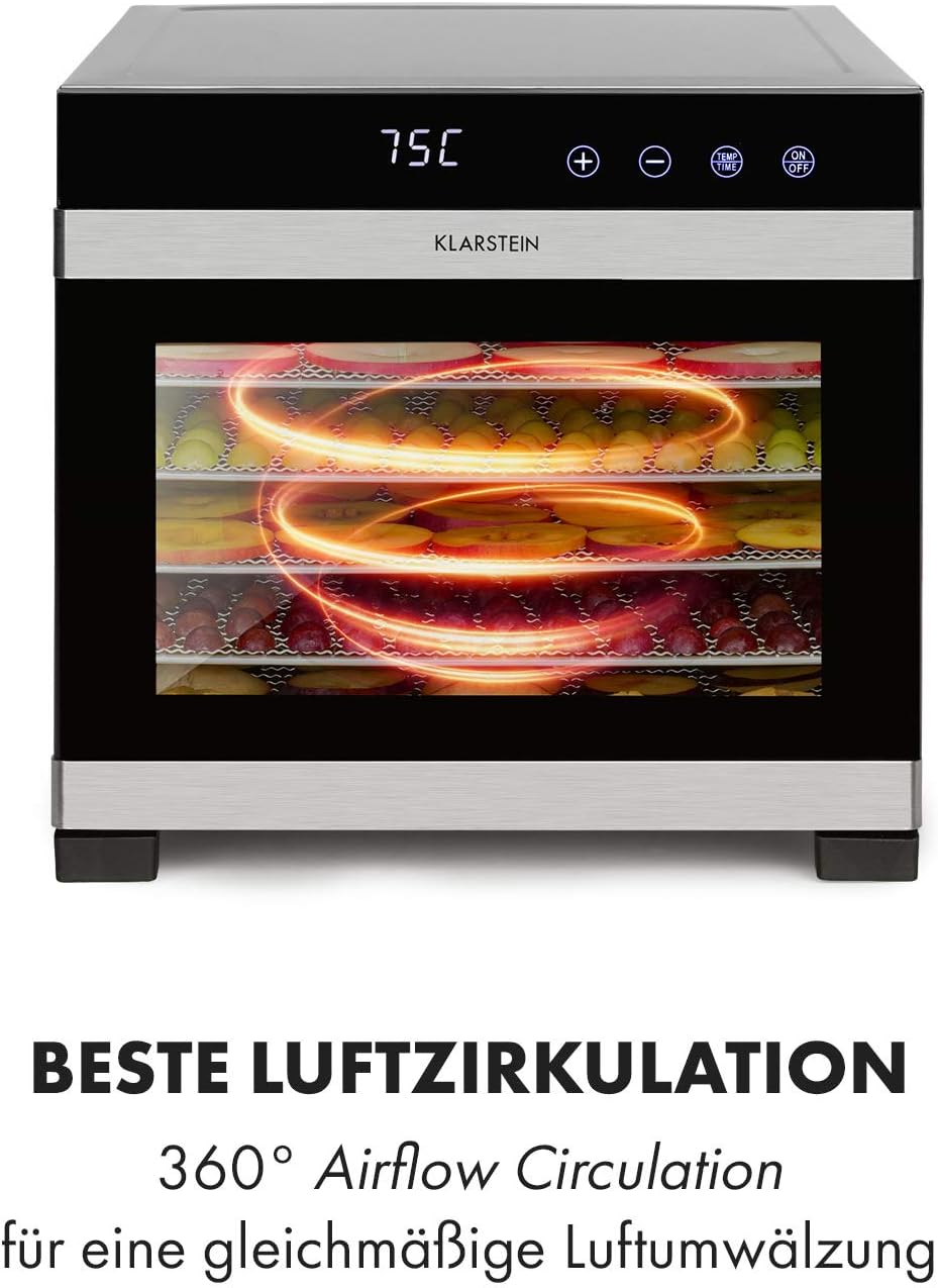 Klarstein Flavour Dry Dörrautomat, Edelstahl-Gehäuse, 6 Edelstahl-Ablagegitter, Temperatur: 35-75 C°