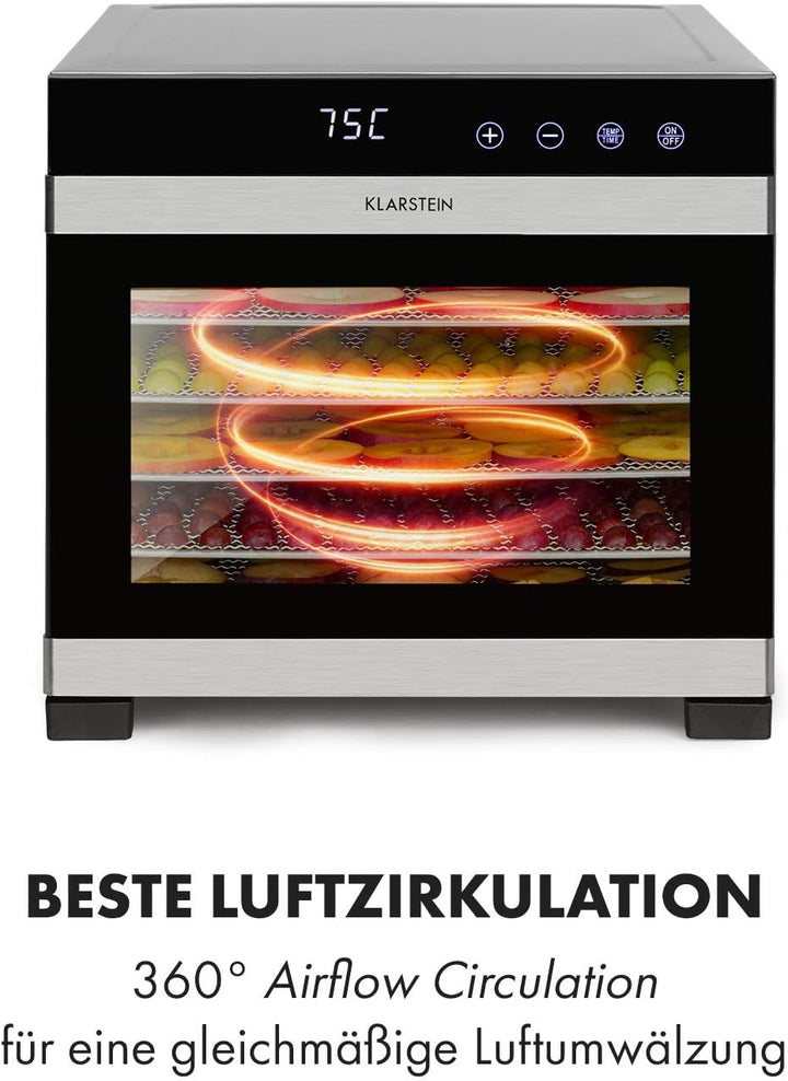 Klarstein Flavour Dry Dörrautomat, Edelstahl-Gehäuse, 6 Edelstahl-Ablagegitter, Temperatur: 35-75 C°