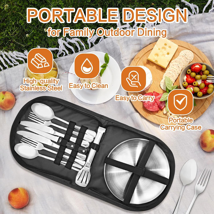 Camping Geschirr 2/4 Personen, 11/21PCS Camping Zubehör Camping Besteck Set Edelstahl Picknick Zubeh
