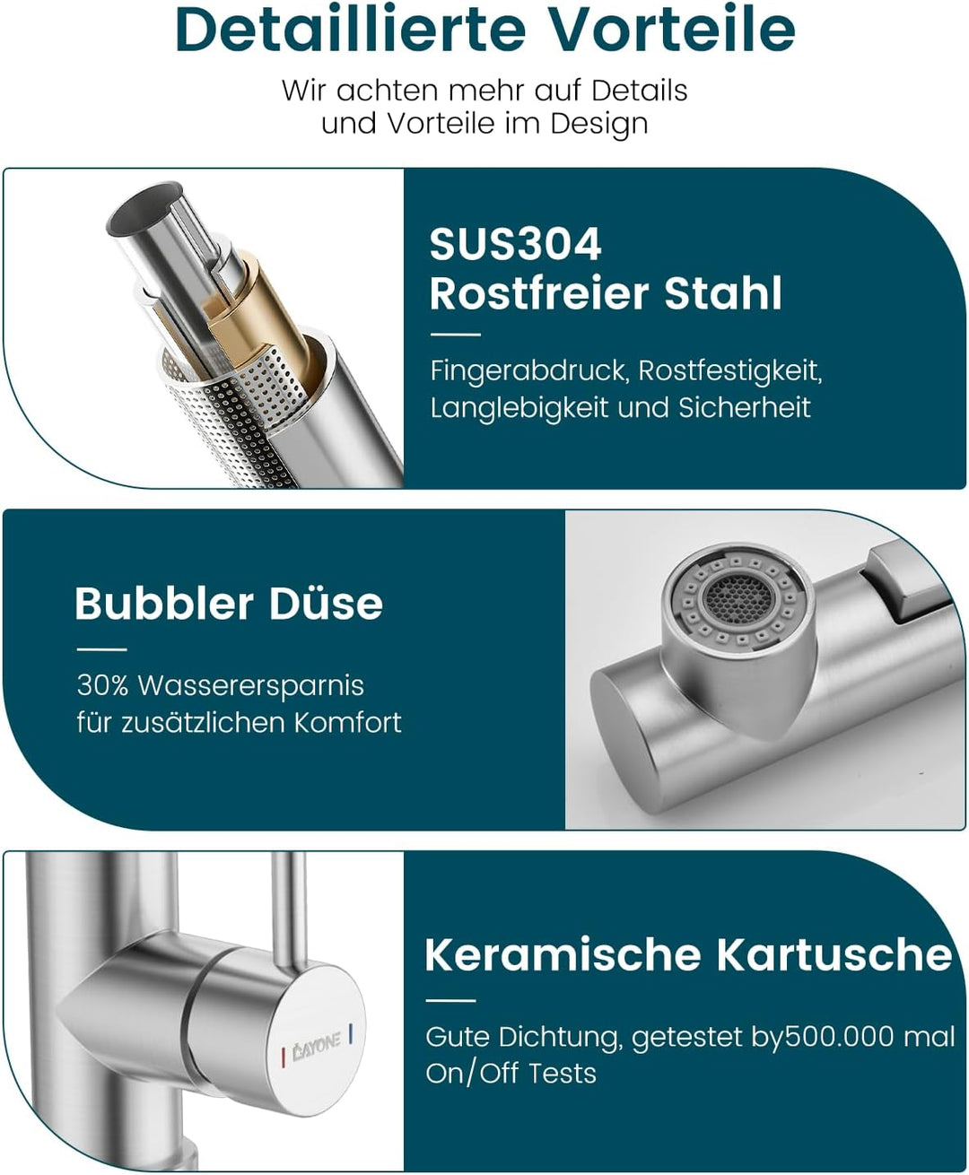 DAYONE Niederdruck Wasserhahn Küche mit Brause Ausziehbar, Küchenarmatur mit 3 Anschlüssen für Boile