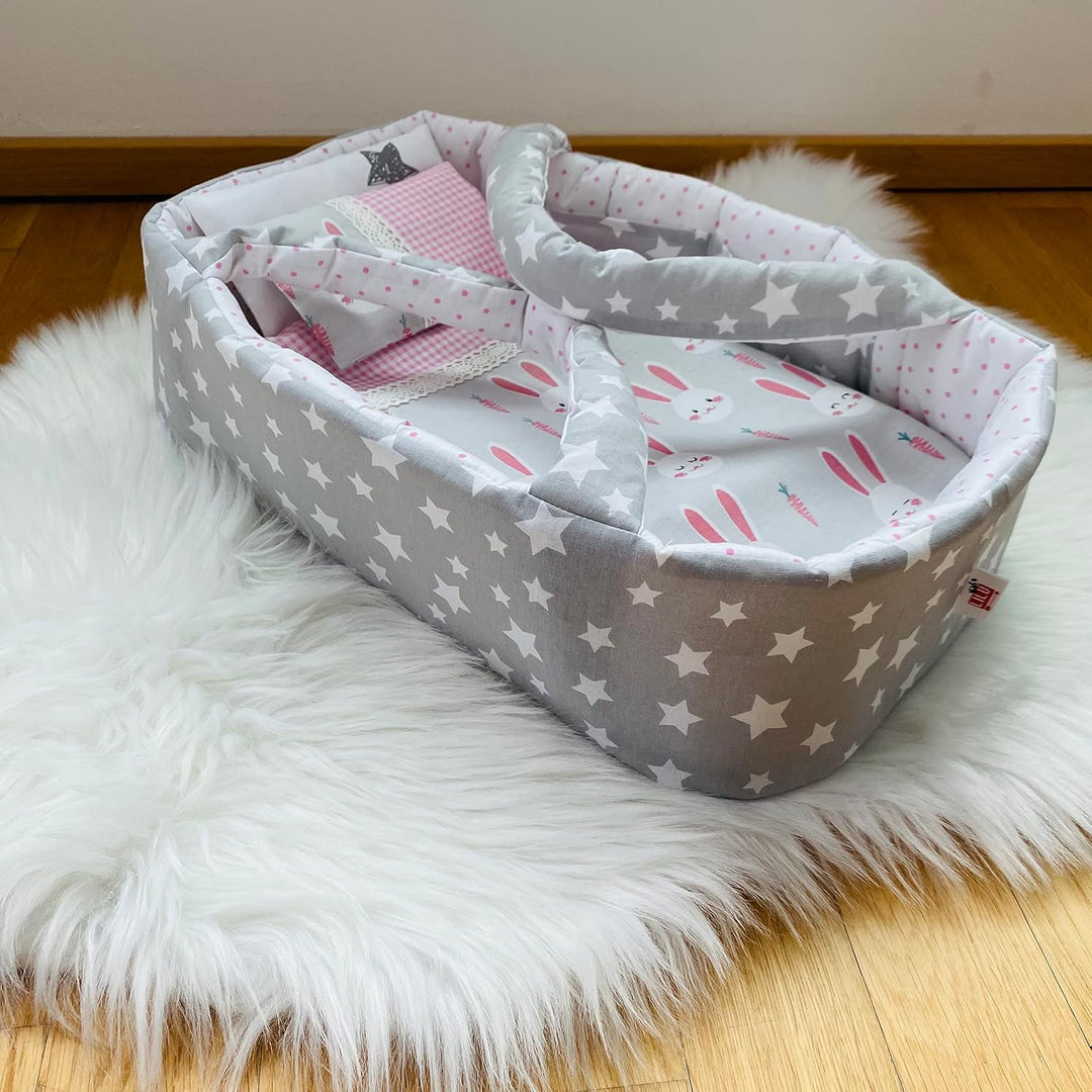 Puppentragetasche mit Sternen und Hasen für Puppen von 30 bis 55 cm mit Bettwäsche, Grau-Rosa, Wasch