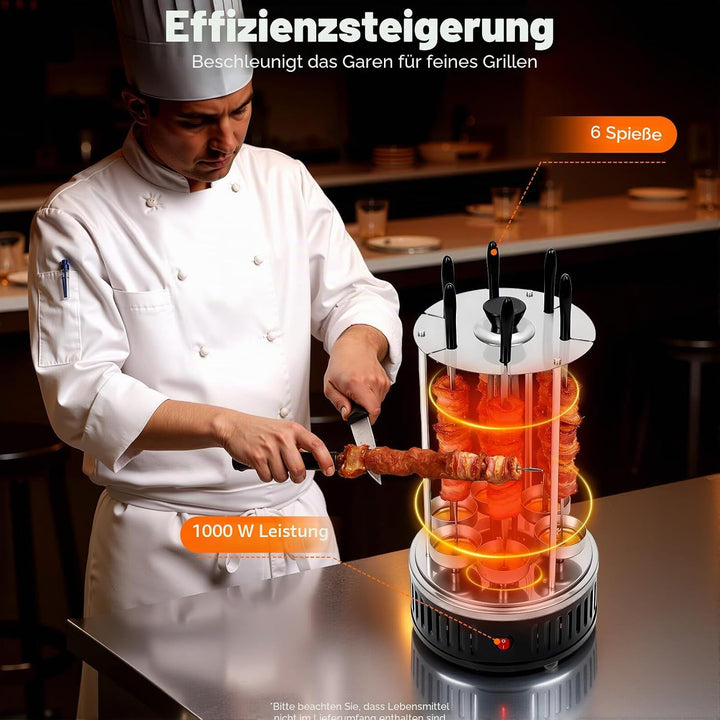 1000W Elektrischer Vertikal Grill mit 6 Spiessen Freistehend Vertikaler Elektrogrill Edelstahl Drehg