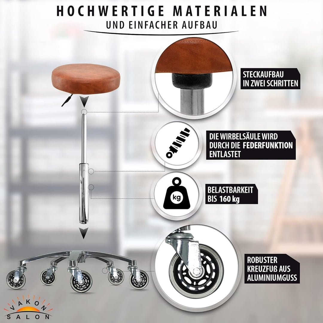 VAKON SALON - Premium Rollhocker Hellbraun höhenverstellbar von 50 bis 65 cm - Rundsitz- Drehhocker