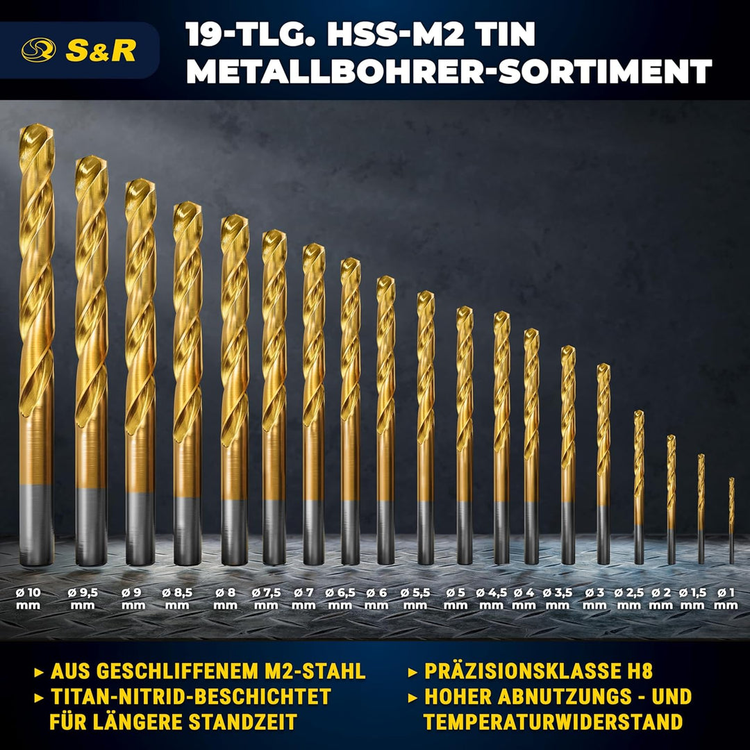 S&R Metallbohrer Set 19 Stk 1,0-10 mm in Industrie-Qualität, HSS-G TITANIUM Stahlbohrer, extra hohe