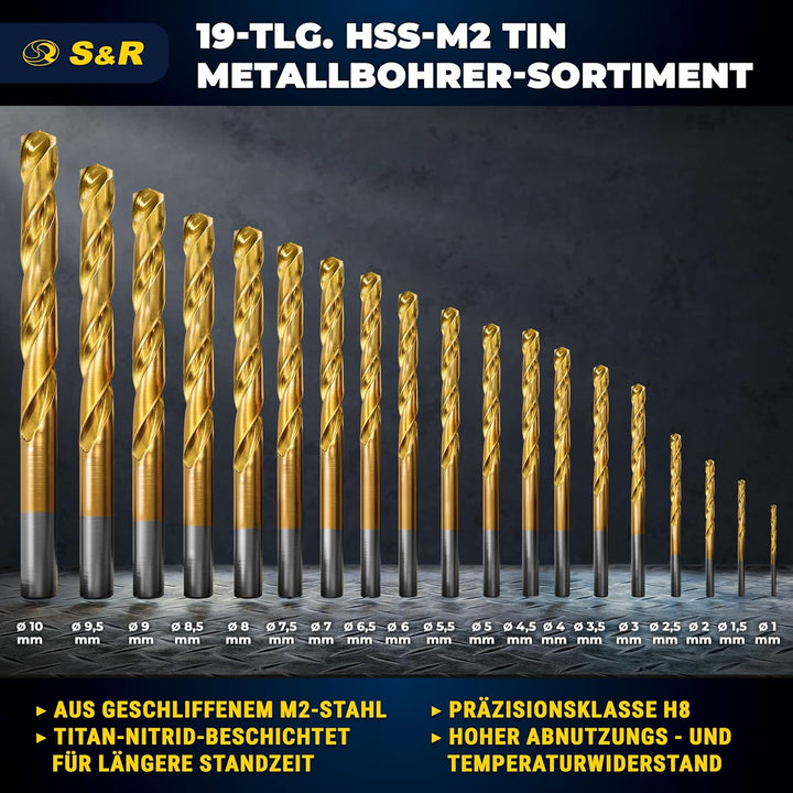 S&R Metallbohrer Set 19 Stk 1,0-10 mm in Industrie-Qualität, HSS-G TITANIUM Stahlbohrer, extra hohe