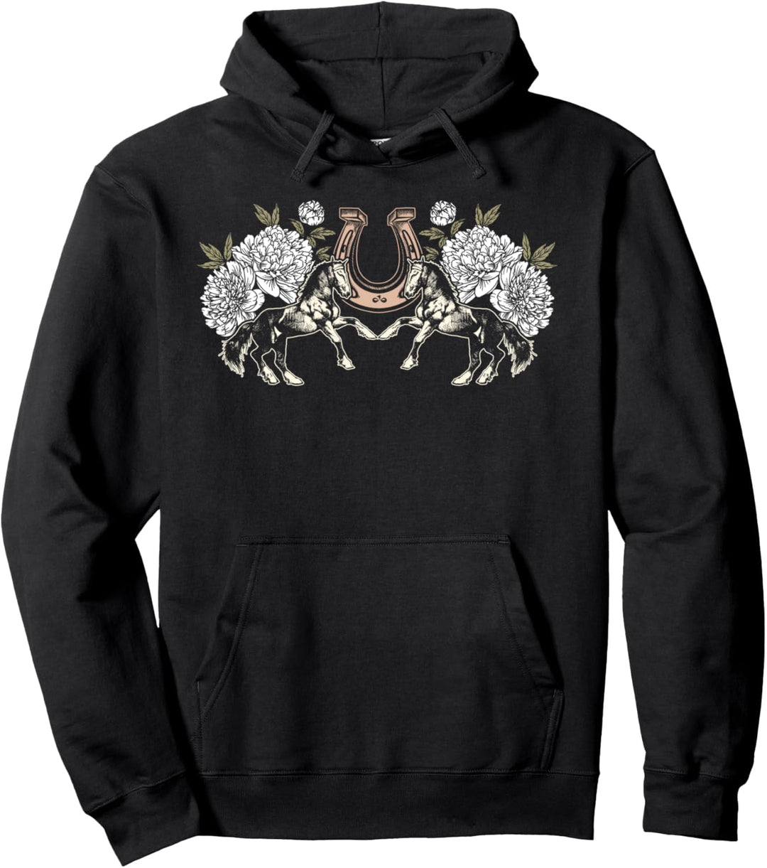 Zwei Mustang-Pferde, Blumen, Hufeisen Pullover Hoodie