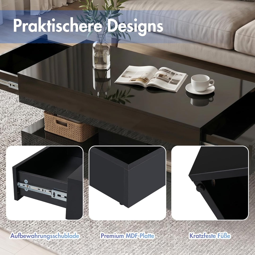 OC Orange-Casual Schwarz Couchtisch im Hochglanz, Moderner Kaffeetisch mit 2 Schuhbalden, Rechteckig