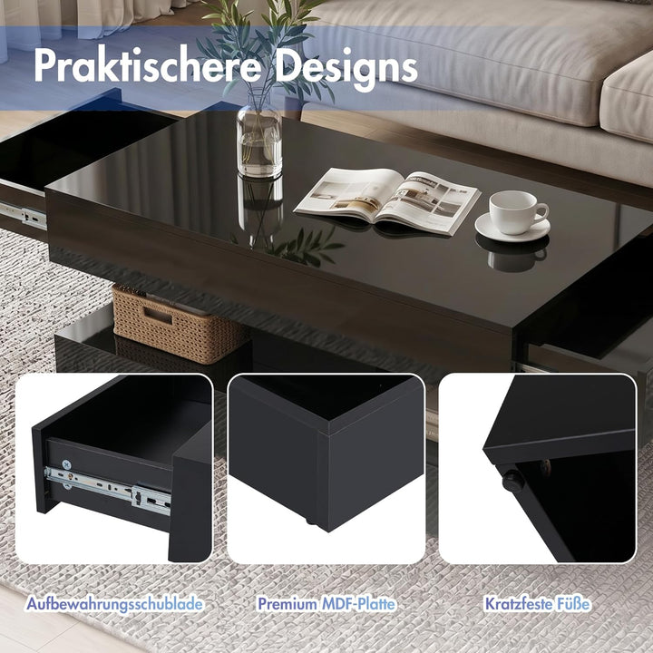 OC Orange-Casual Schwarz Couchtisch im Hochglanz, Moderner Kaffeetisch mit 2 Schuhbalden, Rechteckig