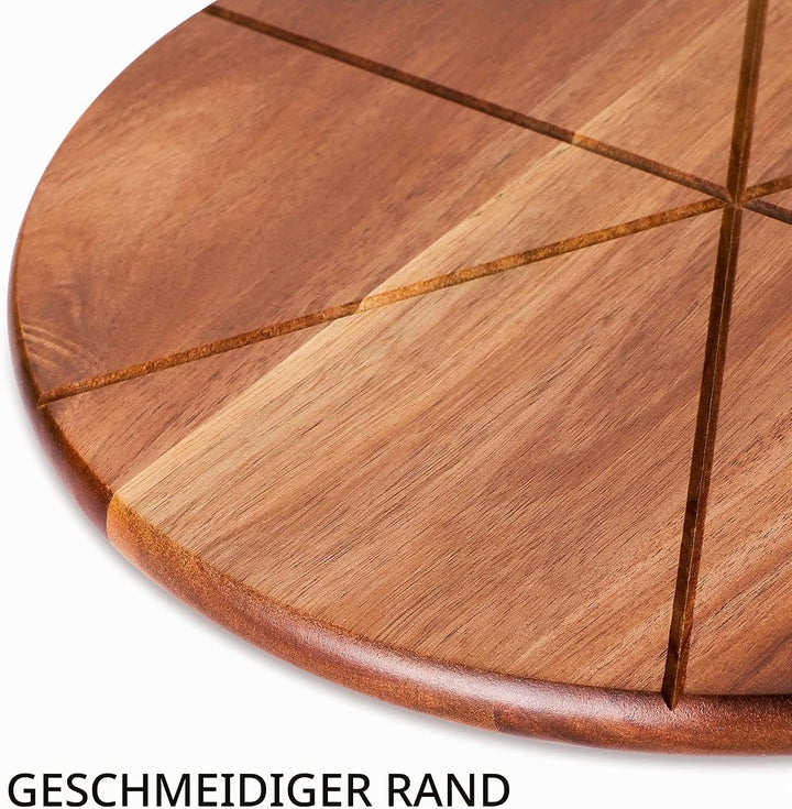 Pizzabrett Akazienholz, TJ POP 30 x30 cm Pizzateller Pizzaschneidebrett mit Pizzaschneider und Pizza