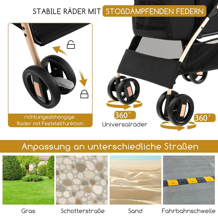COSTWAY 3 in 1 Hundewagen, Hundebuggy klappbar, bis 15 kg, Haustierwagen mit Netzfenstern | verstell