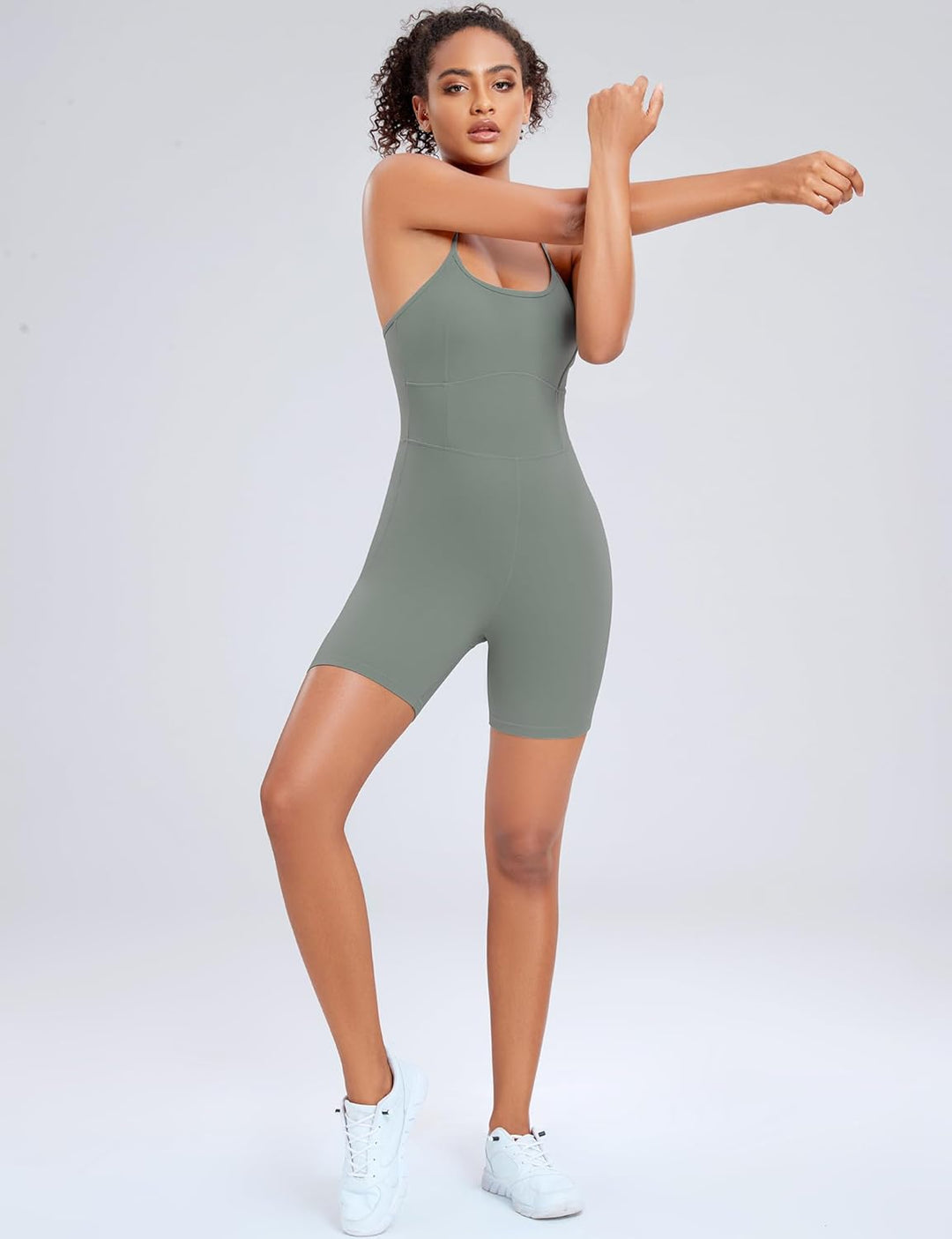 AGONVIN Damen Workout Spaghetti-Träger Rompers Shorts Bauchkontrolle Einteiler Jumpsuit XS Matcha-Gr