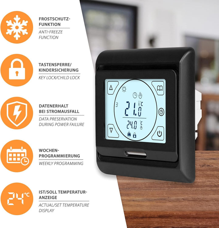 E91 Digital-Thermostat Raumregler mit Touch-Display und EXT. Sensor 10kOhm, für Fussbodenheizung ele