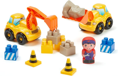 Ecoiffier – Abrick Baustellen Spielset – mit Kran, Baustellenfahrzeugen, LKW, Bausteinen, Schildern,