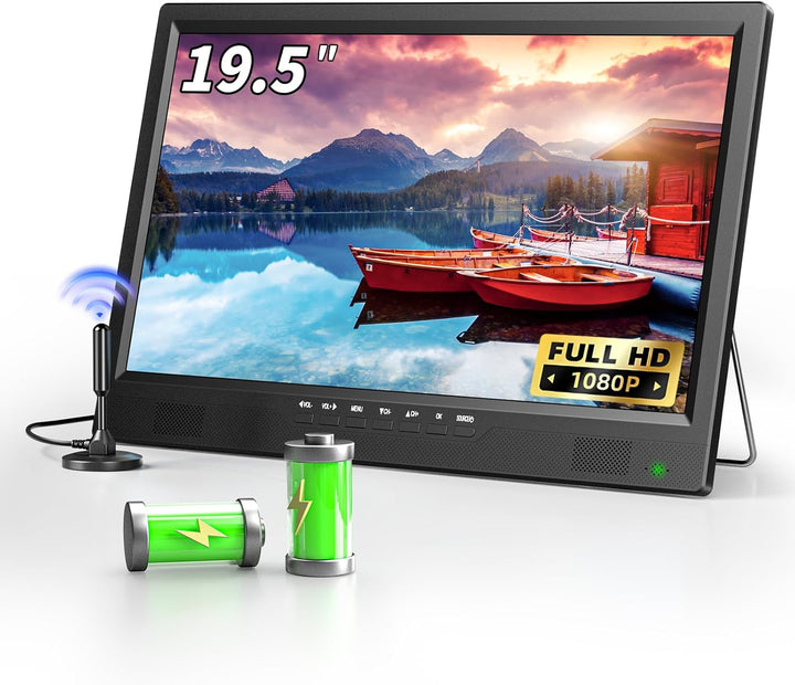 DESOBRY 19-Zoll Fernseher mit Batterie, 1080p Tragbarer Kleiner Fernseher DVB-T2 mit Antenne, 12V TV