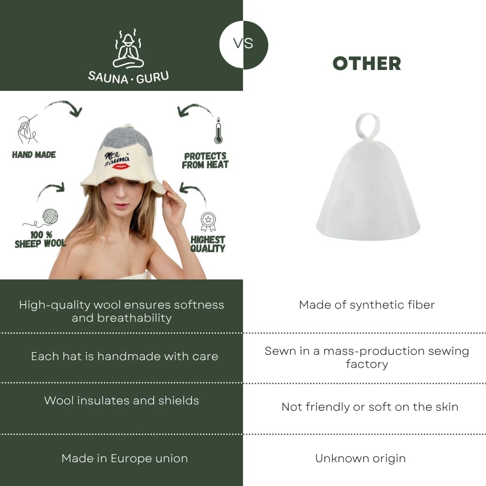 Sauna Guru Saunahut 'Mrs Sauna' White - 100% organische Wollfilzmützen - Schützen Sie Ihren Kopf vor