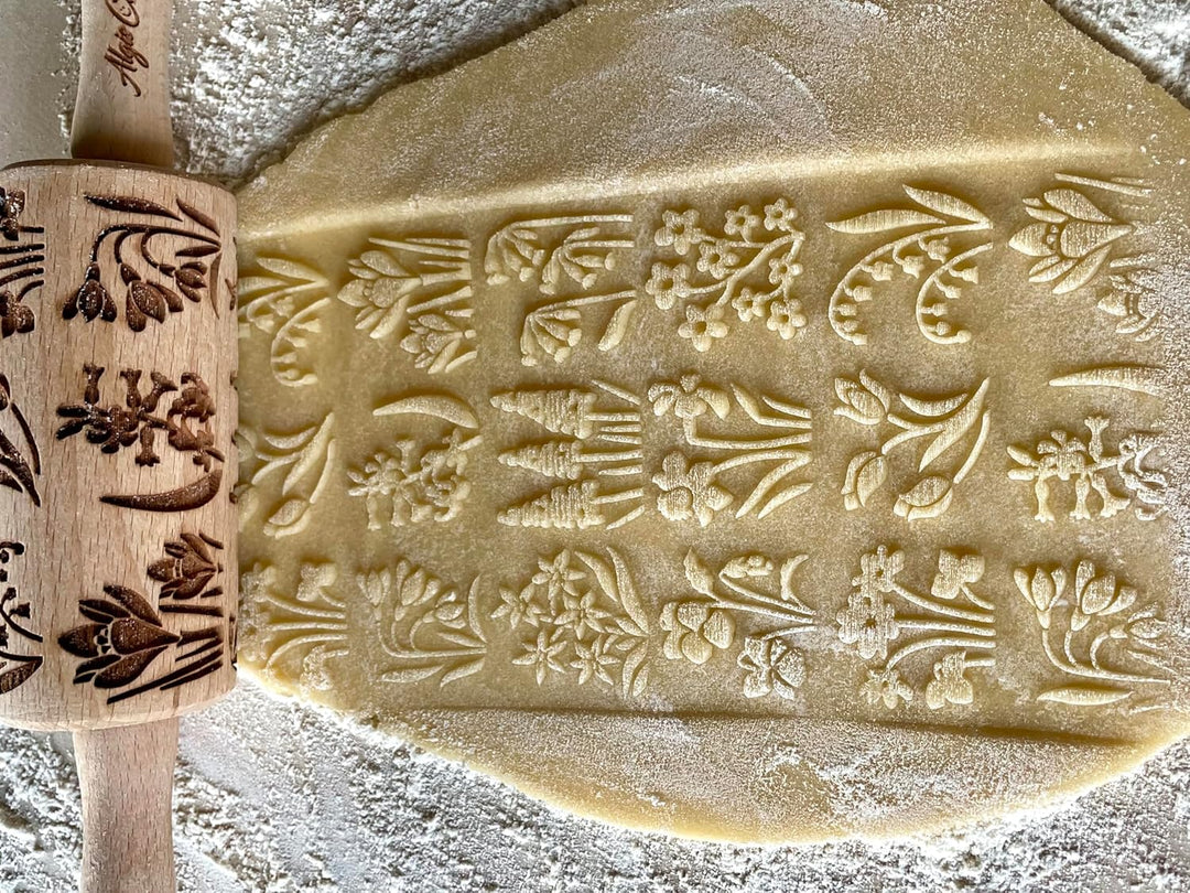 JAHRESZEITEN 3-er SET Kinder Nudelhölzer. Teigrolle mit Frühlingsblumen, Tulpen, Narzissen, Erdbeere