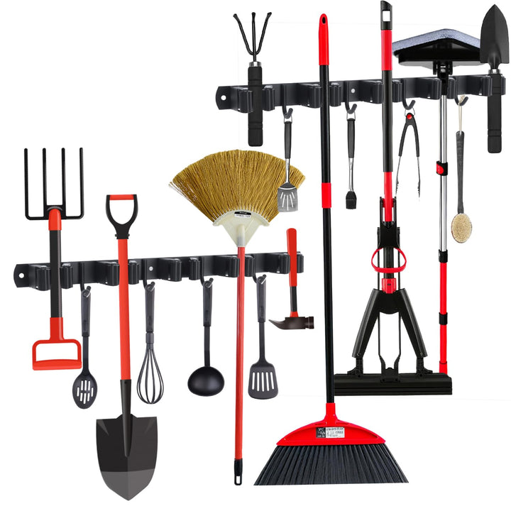 2 Stück Besenhalterung Wand, 10 Halter + 8 Haken Edelstahl Gerätehalter, Selbstklebend Gartengeräteh
