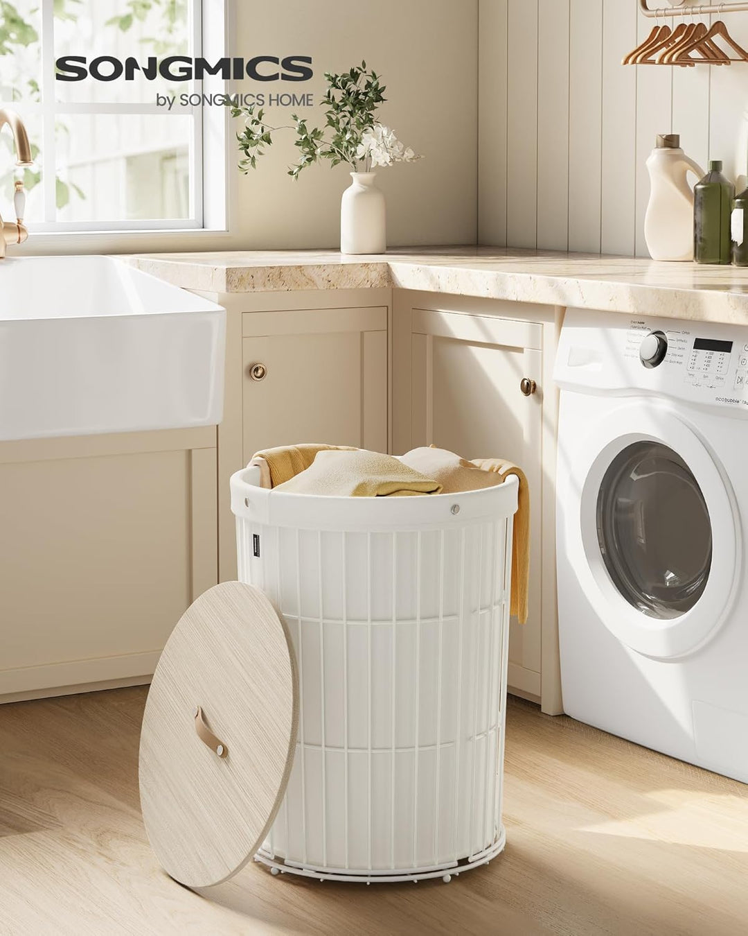 SONGMICS Wäschekorb mit Deckel, Wäschesammler rund, 95 L, vielseitig, herausnehmbarer Wäschesack, gr