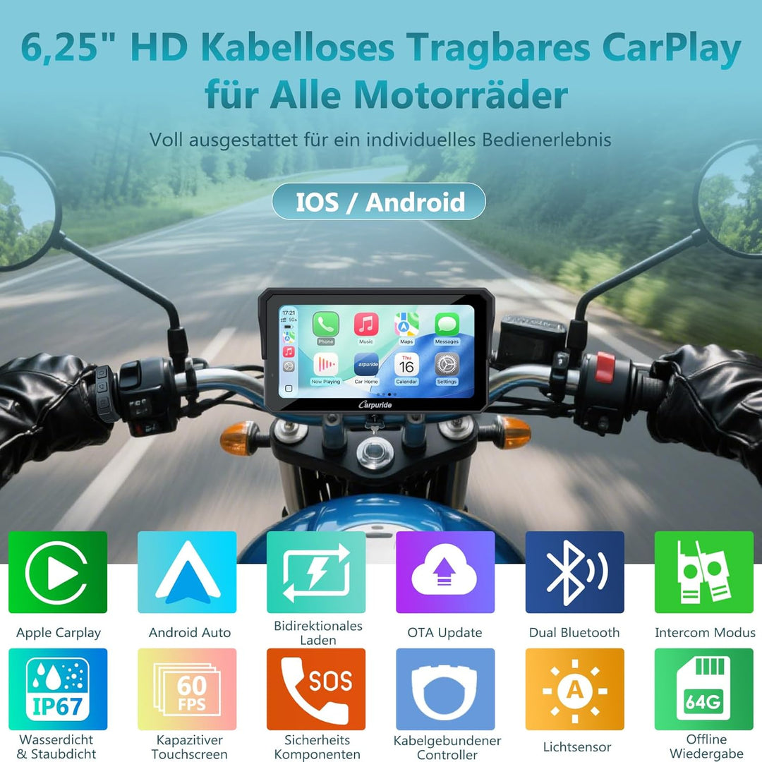 Carpuride W602S Pro Motorrad CarPlay Bildschirm mit BM05 für Plug-and-Play, Kabelloses CarPlay & And