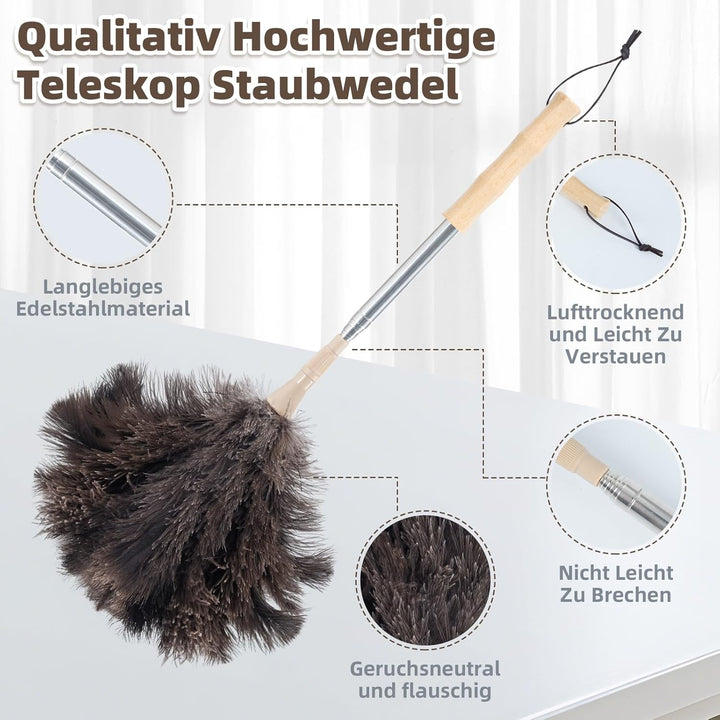 Staubwedel Straussenfedern, Staubwedel Teleskop Waschbar, Ausziehbar bis 125cm für Decken & empfindl