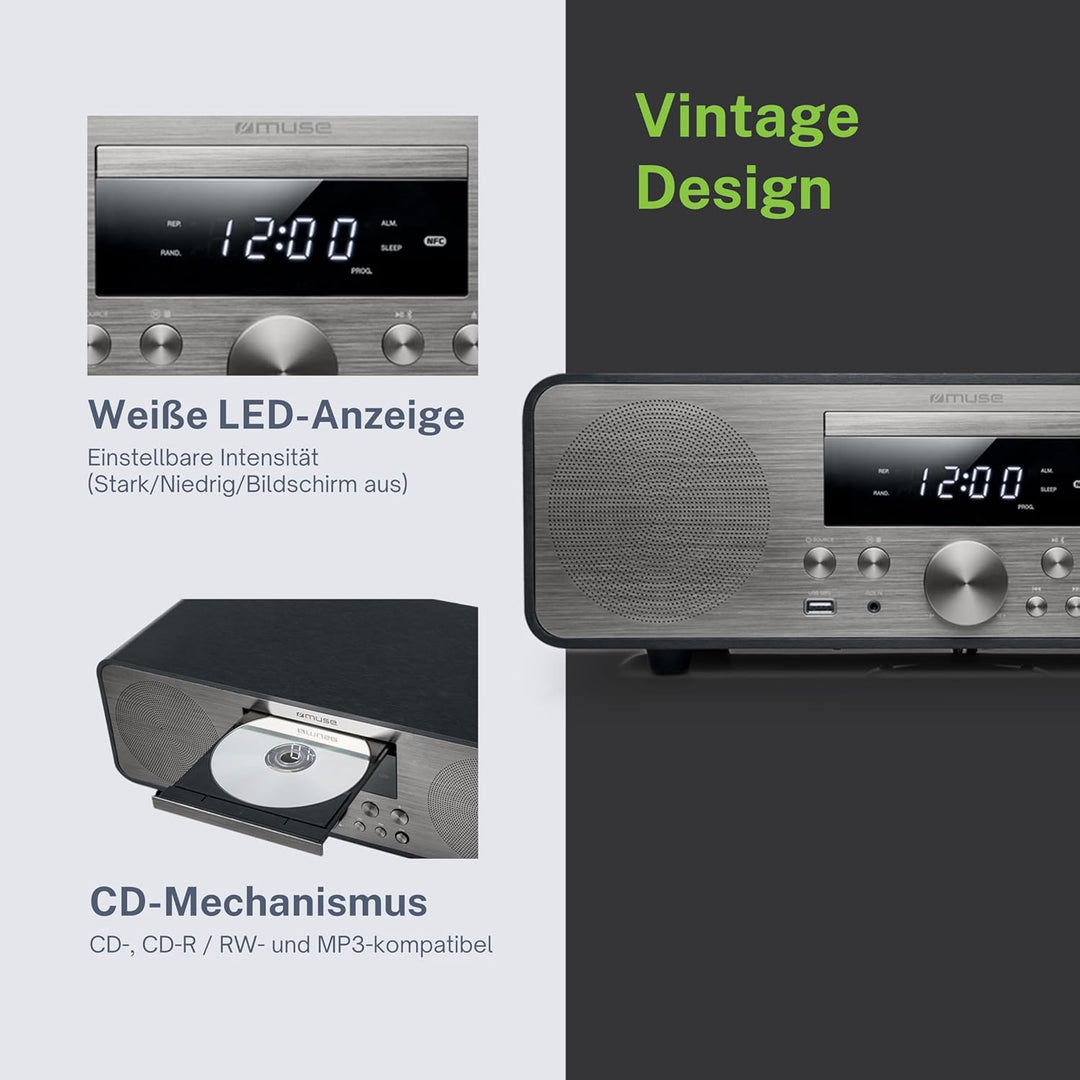 Muse M-880 BTC Design Bluetooth Stereoanlage mit CD-Player und USB (UKW, PLL, NFC, AUX), 80 Watt, sc