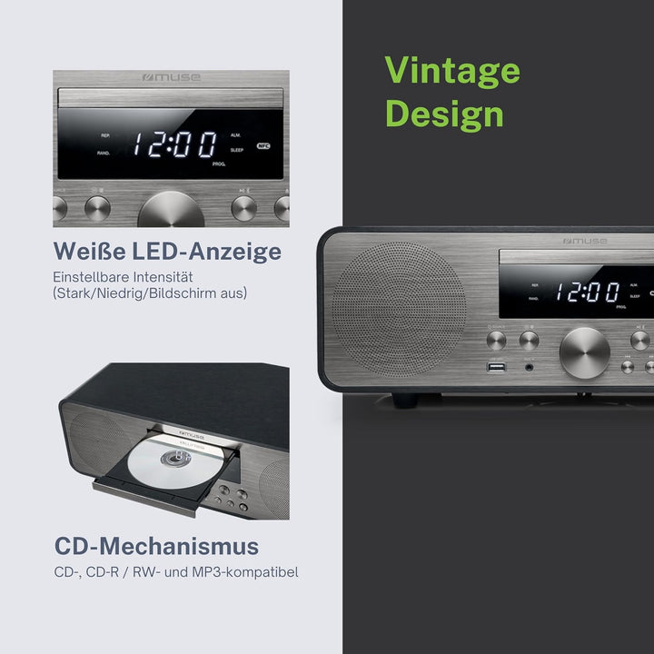 Muse M-880 BTC Design Bluetooth Stereoanlage mit CD-Player und USB (UKW, PLL, NFC, AUX), 80 Watt, sc