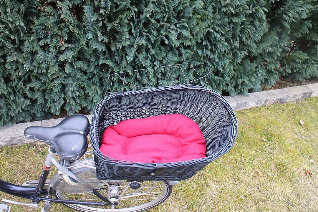Hundefahrradkorb für Gepäckträger aus Weide mit Metallgitter und Kissen Schwarz XL oder XXL Gepäcktr