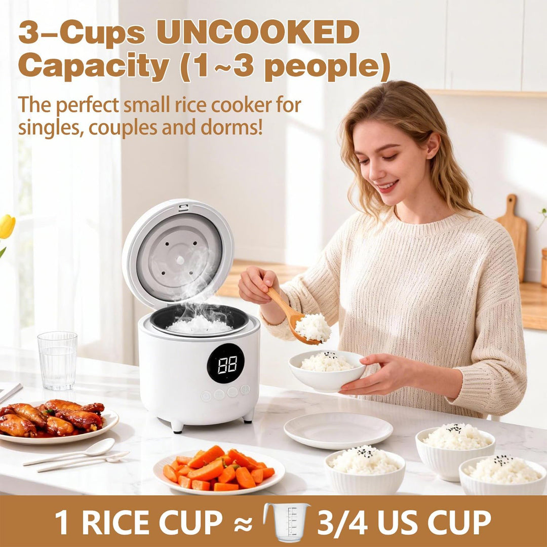 Reiskocher Klein, 3 Tassen (für 1-3 Personen), 6-in-1 Multikocher mit Slow Cook, 300W, Kompakt, Weis