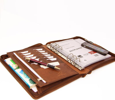 ALMADIH Leder A5 Organizer Ringmechanik Reissverschluss Kalender 2024 Schreibblock Premium Rindslede