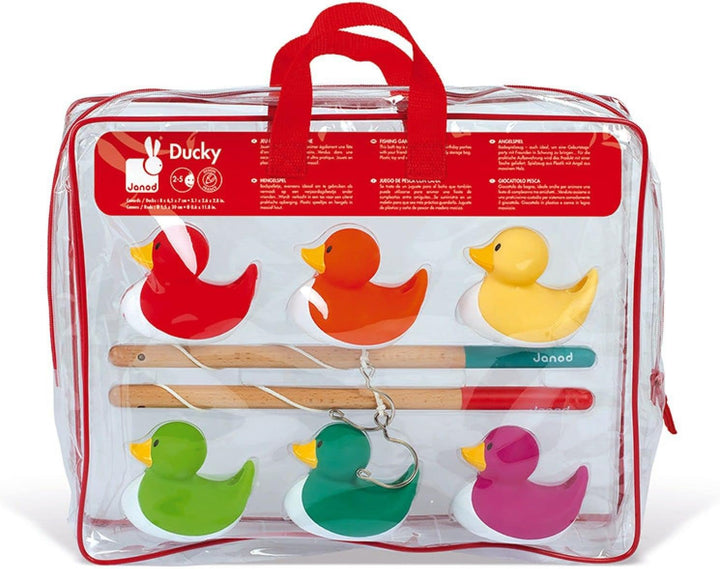 Janod - Angelspiel Enten - 6 Bunte Enten + 2 Angeln aus Holz - Badeenten - Gummienten Geschicklichke