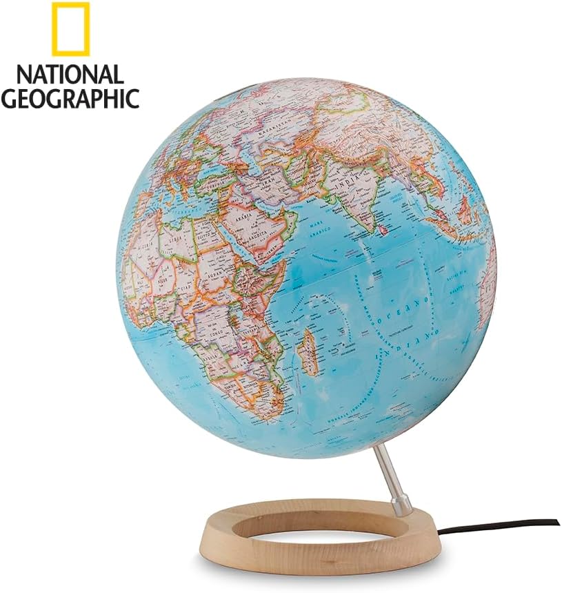 National Geographic - Globus Neon Classic - Zifferblatt blau, Ahorn und Aluminium, 30 cm, beleuchtet
