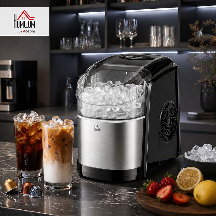HOMCOM Eiswürfelmaschine Edelstahl, 12 kg 24 Stunden, 9 Eiswürfel in 6-9 Minuten, Verstellbar Würfel