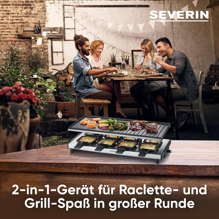 SEVERIN Raclette-Grill, Raclette mit grosser antihaftbeschichteter Grillplatte und 8 Raclette Pfännc