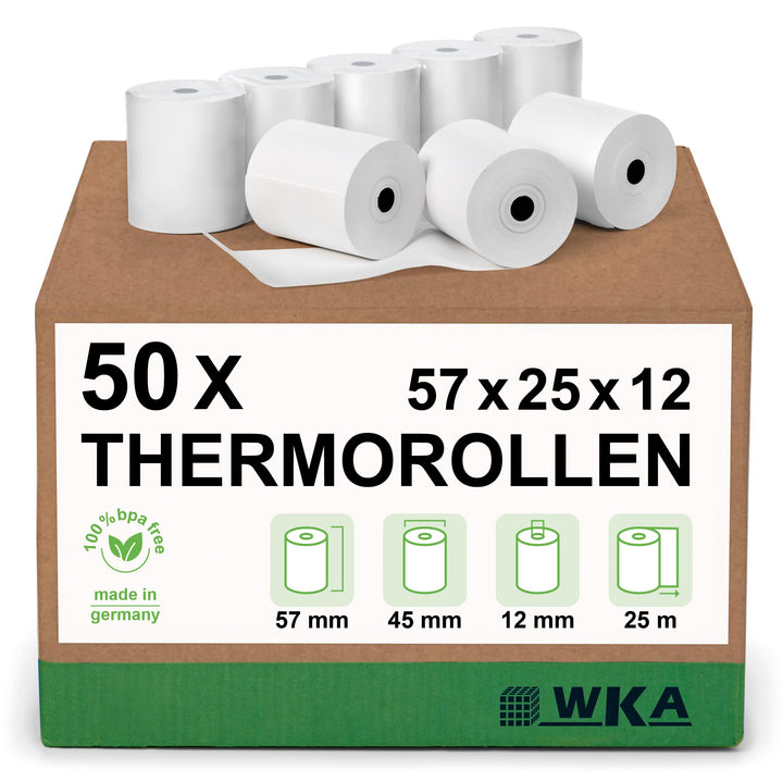 50 Thermorollen 57mm x 25m x 12mm Ø 46 mm Bonrollen, Kassenrollen, Thermo-Bonrollen, EC-Cash Rollen