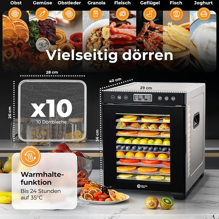 Balter Dörrautomat Edelstahl, Dörrgerät mit 10 Einlegefächern, BPA-frei, 700W, 8400 cm² Dörrfläche,