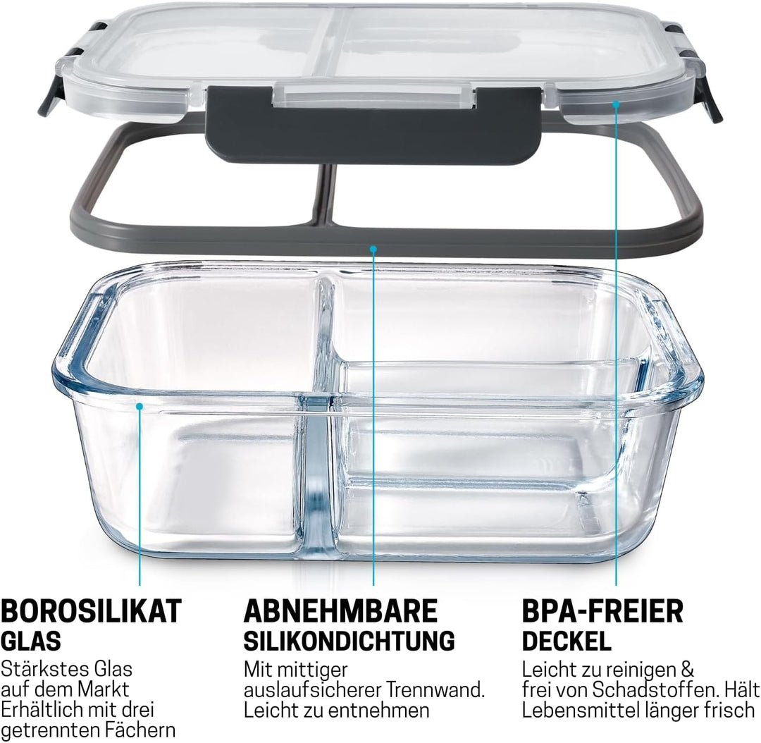 Meal Prep Container aus Glas mit 3 Fächern und Transparentem Deckel - Luftdicht Verschliessbare Fris