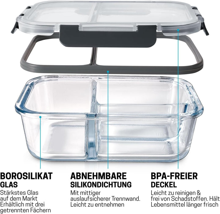Meal Prep Container aus Glas mit 3 Fächern und Transparentem Deckel - Luftdicht Verschliessbare Fris