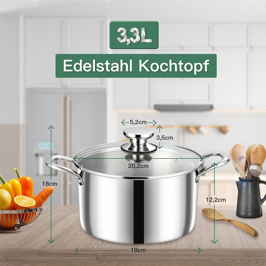 Onader Kochtopf, 3-Lagen Edeastahl Topf Induktion, 3,3L Kochtöpfe Nudeltopf Suppentopf mit Glasdecke