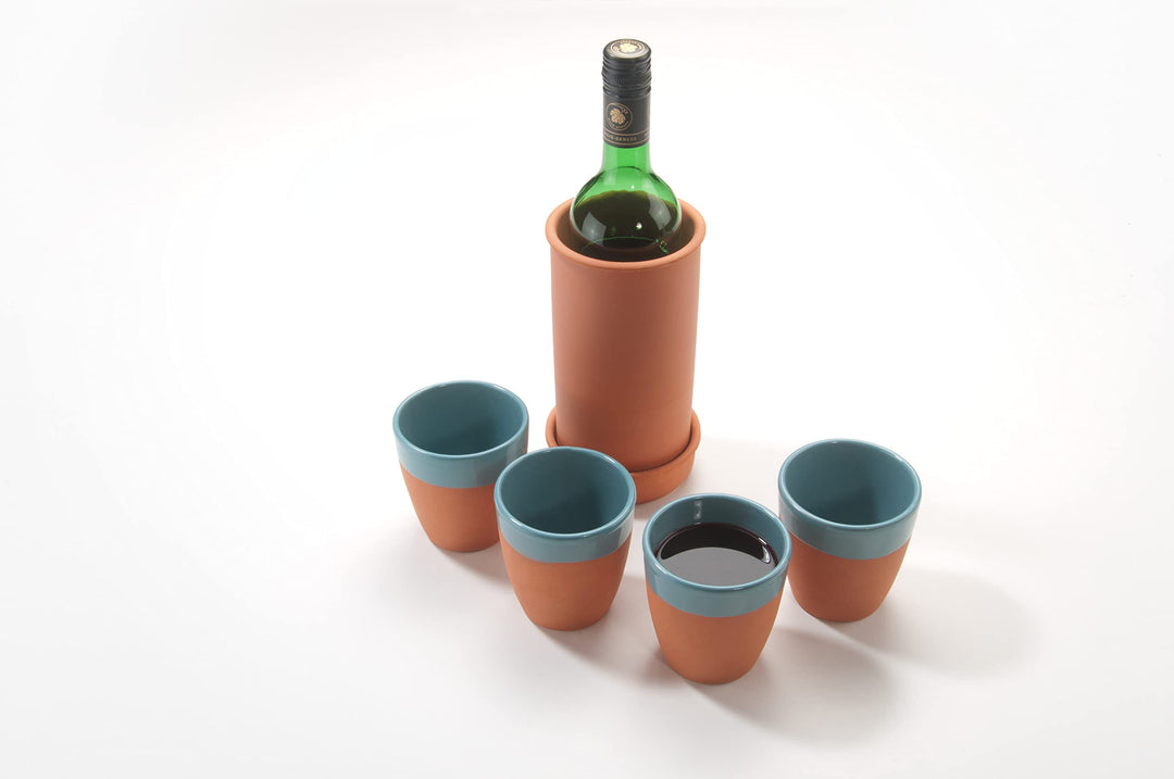 Home - Ton Flaschenkühler mit 4 Weinbechern - Türkis 330ml Natürlich/Glasiert - Weingenuss auf rusti